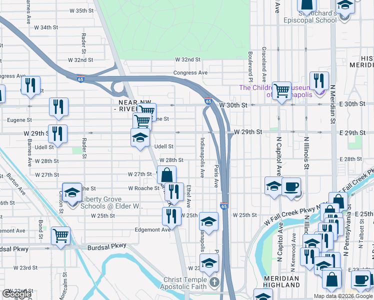 map of restaurants, bars, coffee shops, grocery stores, and more near 521 Udell Street in Indianapolis