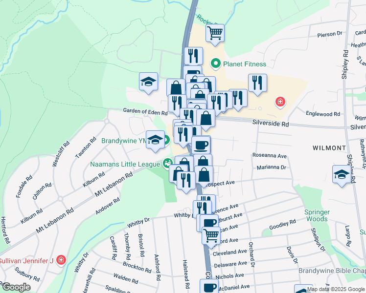 map of restaurants, bars, coffee shops, grocery stores, and more near 3916 Concord Pike in Wilmington
