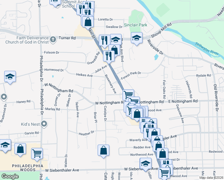 map of restaurants, bars, coffee shops, grocery stores, and more near 4425 Rosemary Avenue in Dayton