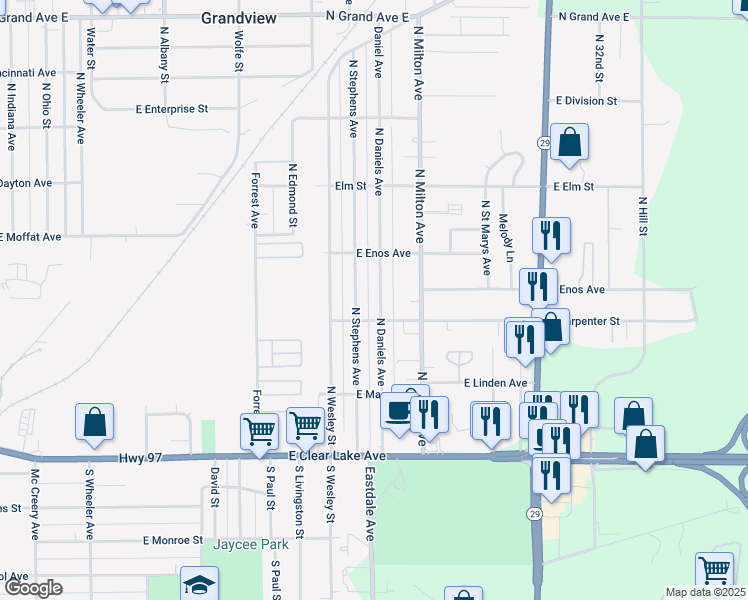 map of restaurants, bars, coffee shops, grocery stores, and more near 523 North Daniels Avenue in Springfield