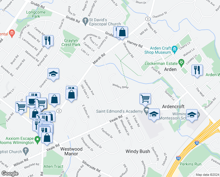 map of restaurants, bars, coffee shops, grocery stores, and more near 2212 Buckingham Road in Wilmington