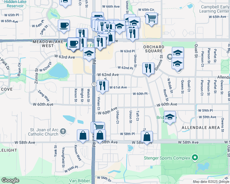 map of restaurants, bars, coffee shops, grocery stores, and more near 12143 W 60th Pl in Arvada