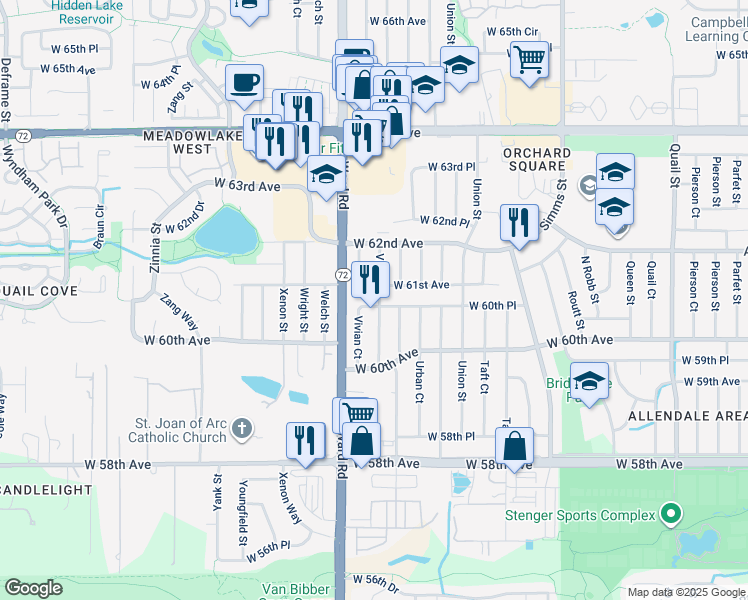 map of restaurants, bars, coffee shops, grocery stores, and more near 6089 Vivian Street in Arvada