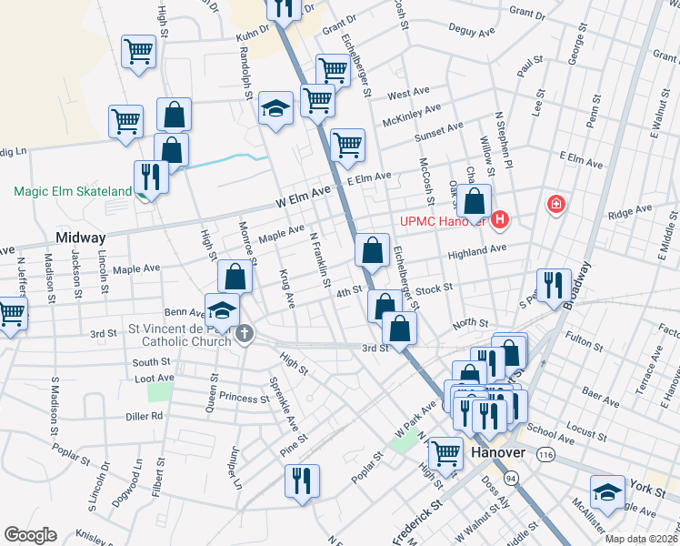 map of restaurants, bars, coffee shops, grocery stores, and more near 24 5th Street in Hanover