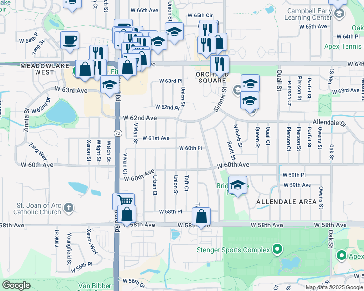 map of restaurants, bars, coffee shops, grocery stores, and more near 11945 West 60th Place in Arvada