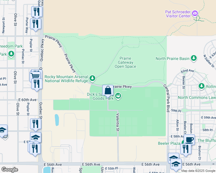 map of restaurants, bars, coffee shops, grocery stores, and more near Prairie Parkway in Denver