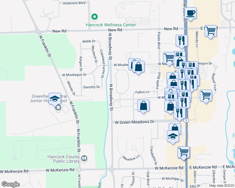 map of restaurants, bars, coffee shops, grocery stores, and more near 1650 Village Drive West in Greenfield