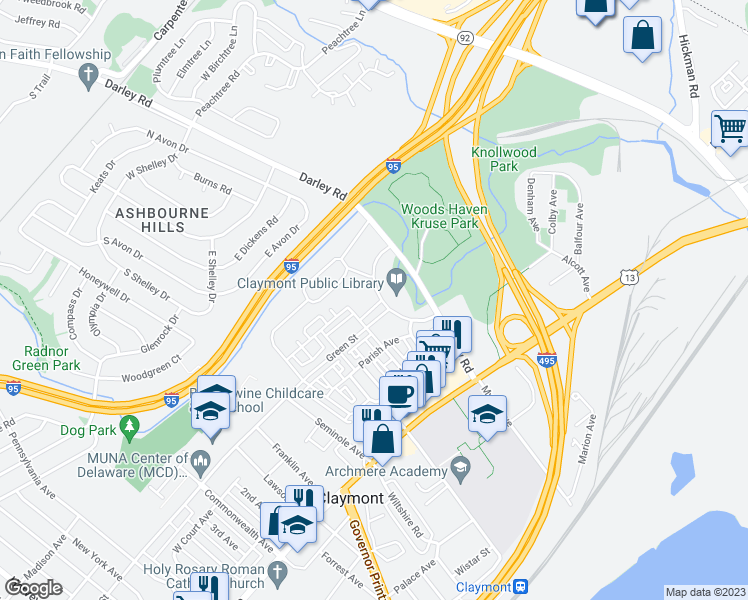 map of restaurants, bars, coffee shops, grocery stores, and more near 198 Green Street in Claymont