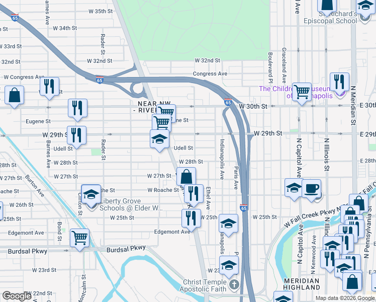 map of restaurants, bars, coffee shops, grocery stores, and more near 605 Udell Street in Indianapolis