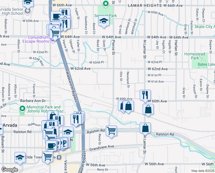 map of restaurants, bars, coffee shops, grocery stores, and more near 6058 Quay Court in Arvada