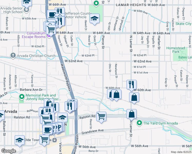 map of restaurants, bars, coffee shops, grocery stores, and more near 6058 Quay Court in Arvada