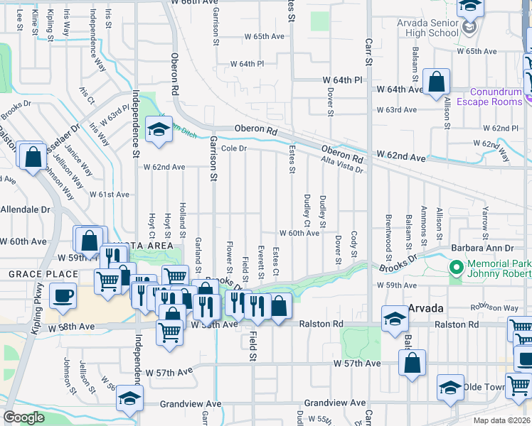 map of restaurants, bars, coffee shops, grocery stores, and more near 6075 Everett Street in Arvada