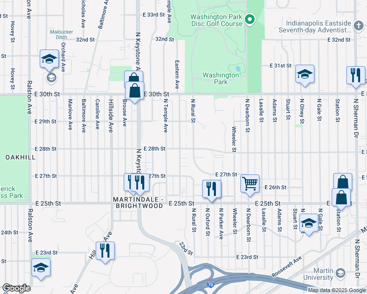 map of restaurants, bars, coffee shops, grocery stores, and more near 2801 Eastern Avenue in Indianapolis