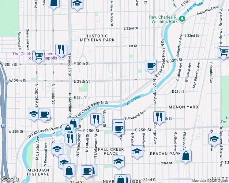 map of restaurants, bars, coffee shops, grocery stores, and more near 2812 North New Jersey Street in Indianapolis