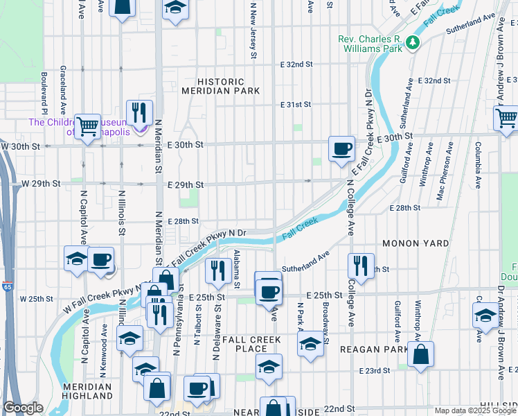 map of restaurants, bars, coffee shops, grocery stores, and more near 2812 North New Jersey Street in Indianapolis