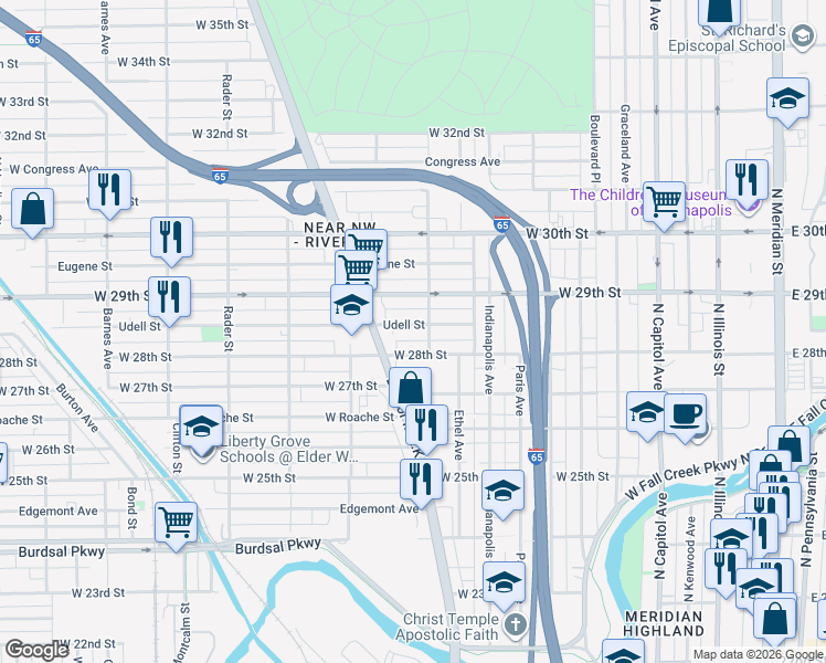 map of restaurants, bars, coffee shops, grocery stores, and more near 605 Udell Street in Indianapolis