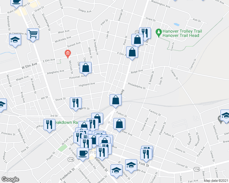 map of restaurants, bars, coffee shops, grocery stores, and more near 510 Stock Street in Hanover