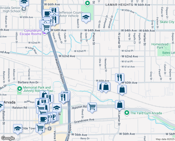 map of restaurants, bars, coffee shops, grocery stores, and more near 6058 Quay Court in Arvada