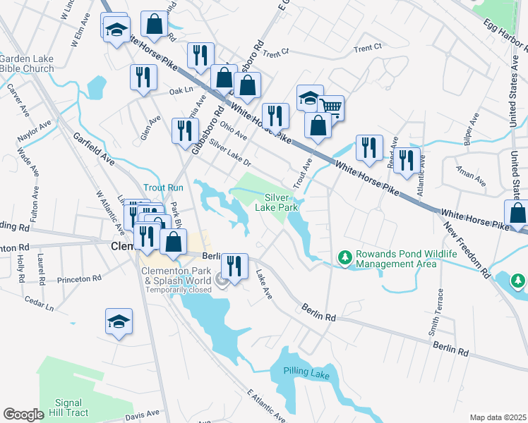 map of restaurants, bars, coffee shops, grocery stores, and more near 14 Meehan Boulevard in Clementon