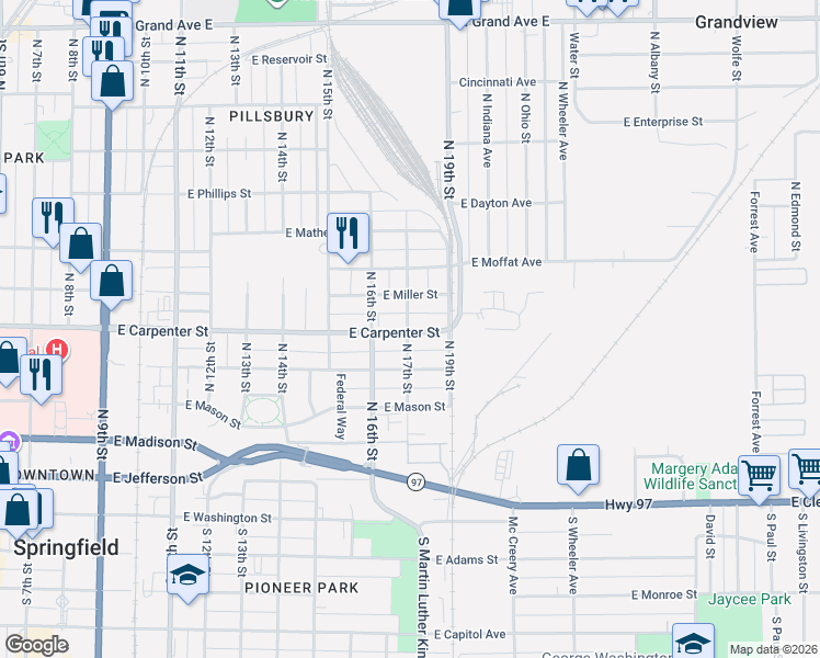 map of restaurants, bars, coffee shops, grocery stores, and more near 1798 E Carpenter St in Springfield