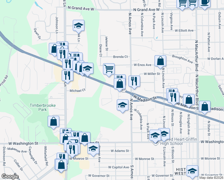 map of restaurants, bars, coffee shops, grocery stores, and more near 1614 West Jefferson Street in Springfield