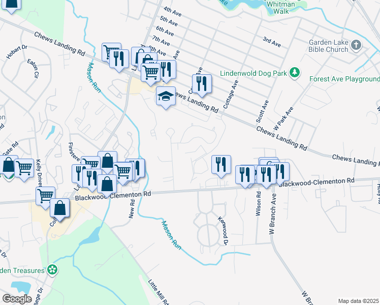 map of restaurants, bars, coffee shops, grocery stores, and more near 29 Chiswick Drive in Lindenwold