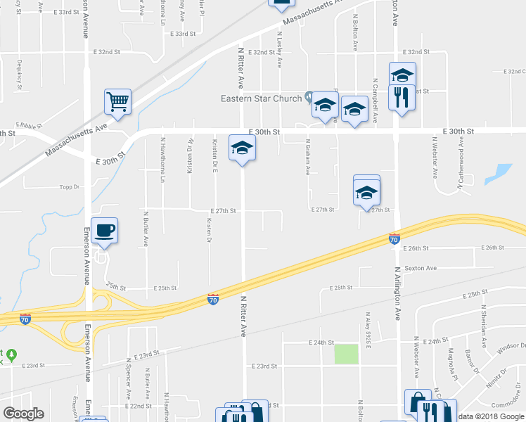 map of restaurants, bars, coffee shops, grocery stores, and more near North Layman Avenue in Indianapolis