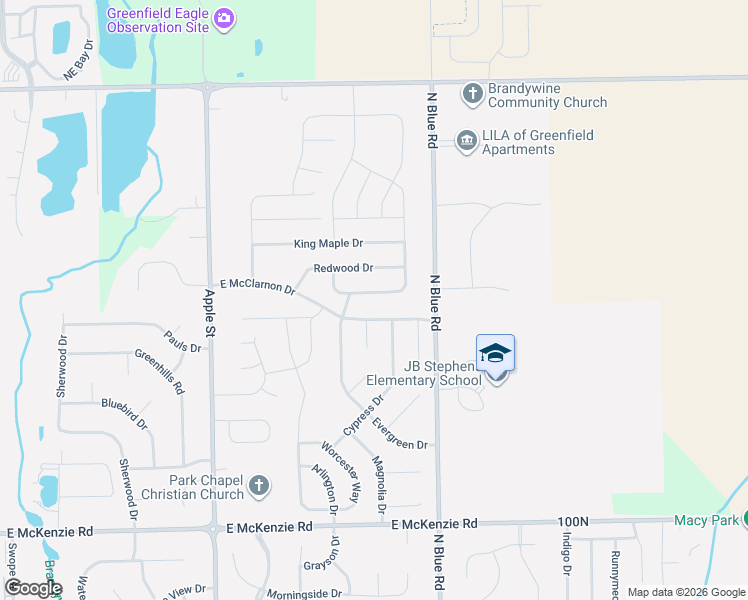 map of restaurants, bars, coffee shops, grocery stores, and more near 1370 East McClarnon Drive in Greenfield