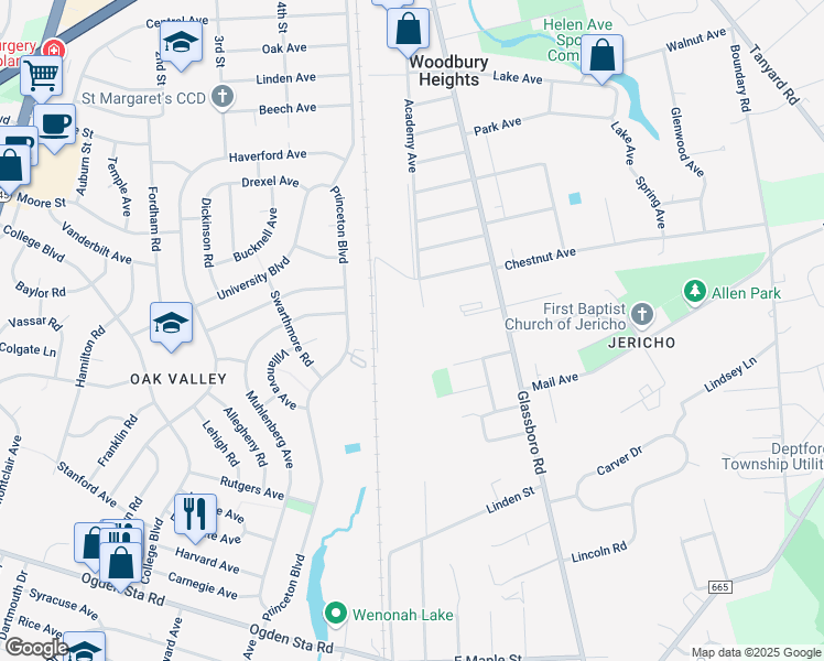 map of restaurants, bars, coffee shops, grocery stores, and more near 1167 Church Street in Woodbury Heights