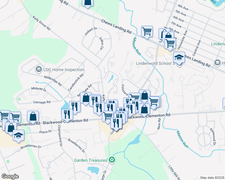 map of restaurants, bars, coffee shops, grocery stores, and more near 190 Via Cascata Drive in Clementon