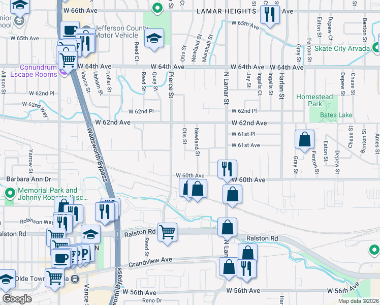 map of restaurants, bars, coffee shops, grocery stores, and more near 6094 Otis Street in Arvada