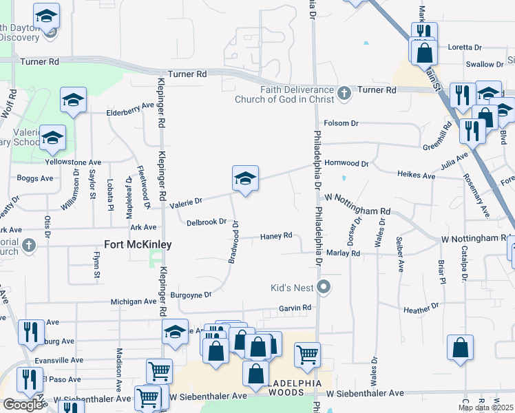 map of restaurants, bars, coffee shops, grocery stores, and more near 4020 Bradwood Drive in Dayton