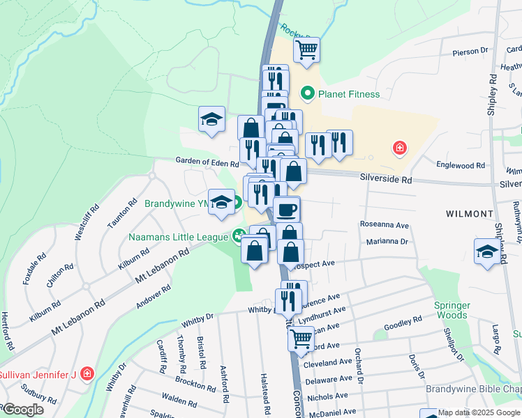 map of restaurants, bars, coffee shops, grocery stores, and more near 3916 Concord Pike in Wilmington
