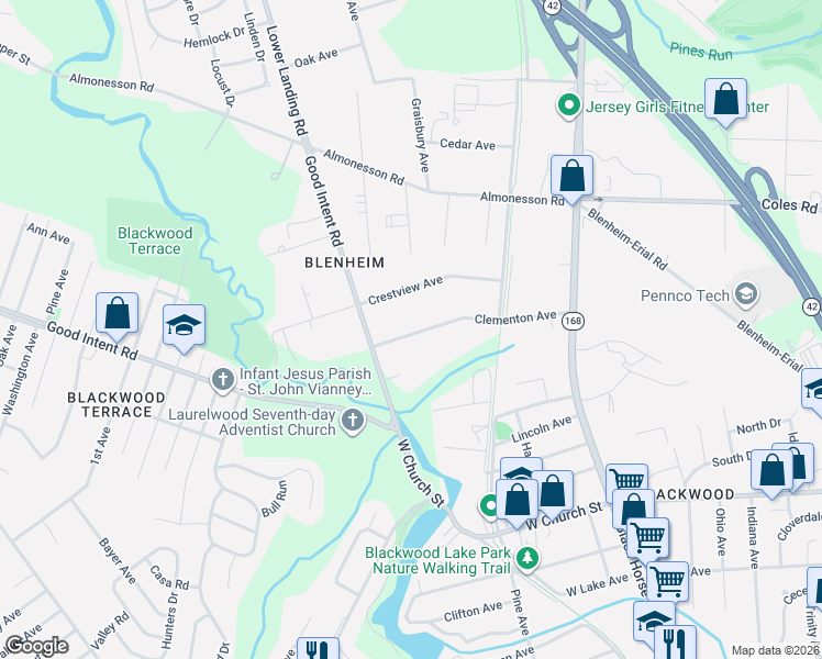 map of restaurants, bars, coffee shops, grocery stores, and more near 254 Clementon Avenue in Gloucester Township