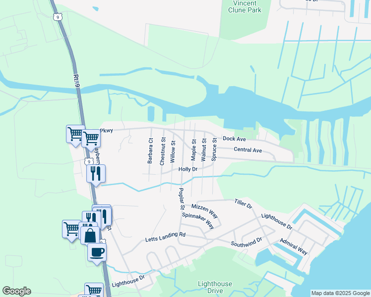 map of restaurants, bars, coffee shops, grocery stores, and more near 13 Poplar Street in Ocean Township