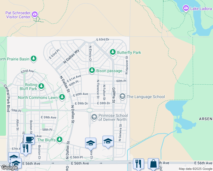 map of restaurants, bars, coffee shops, grocery stores, and more near 6032 North Fulton Street in Denver