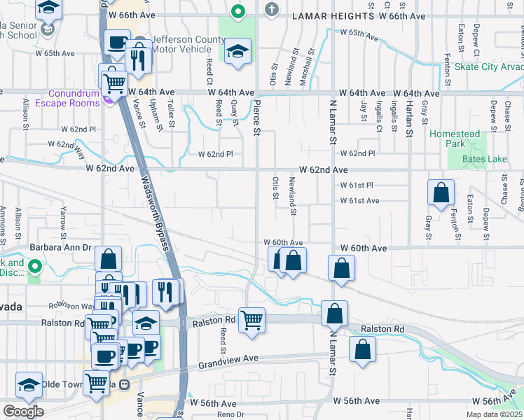 map of restaurants, bars, coffee shops, grocery stores, and more near 6070a Pierce Street in Arvada