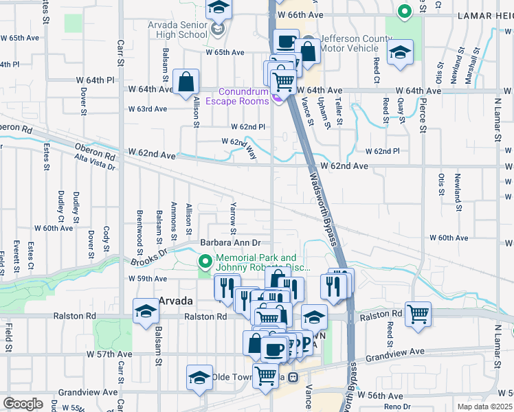 map of restaurants, bars, coffee shops, grocery stores, and more near 7665 West 61st Avenue in Arvada