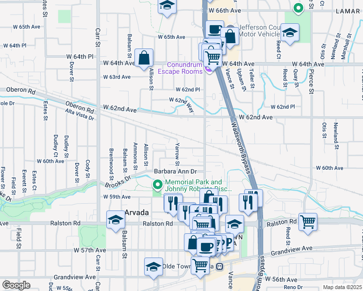 map of restaurants, bars, coffee shops, grocery stores, and more near 6021 Yarrow Street in Arvada