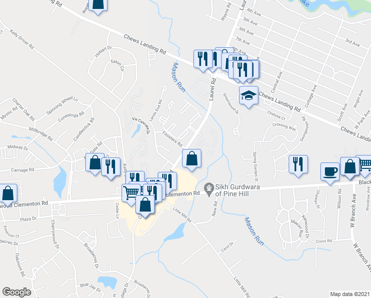 map of restaurants, bars, coffee shops, grocery stores, and more near 1900 Laurel Road in Lindenwold