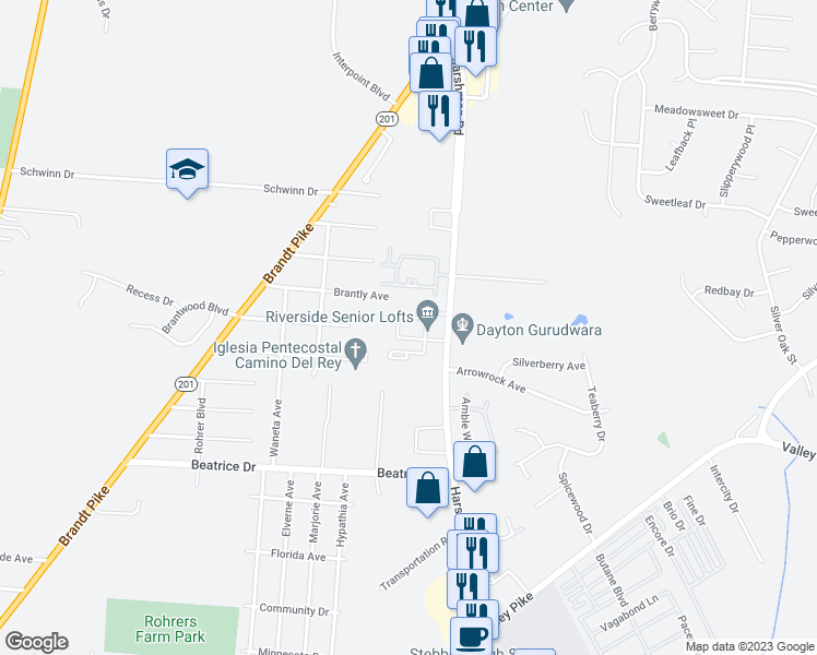 map of restaurants, bars, coffee shops, grocery stores, and more near 2325 Harshman Road in Dayton