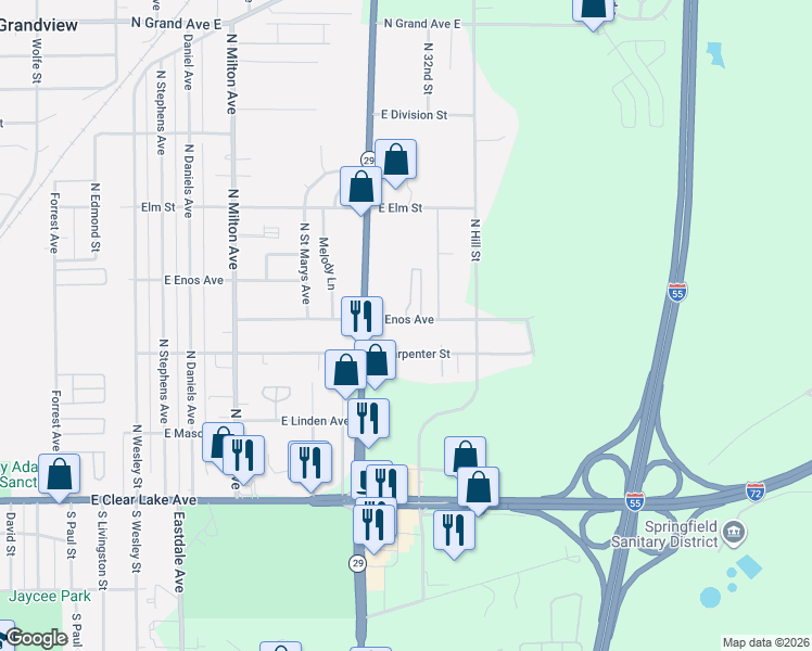 map of restaurants, bars, coffee shops, grocery stores, and more near 3232 East Enos Avenue in Springfield