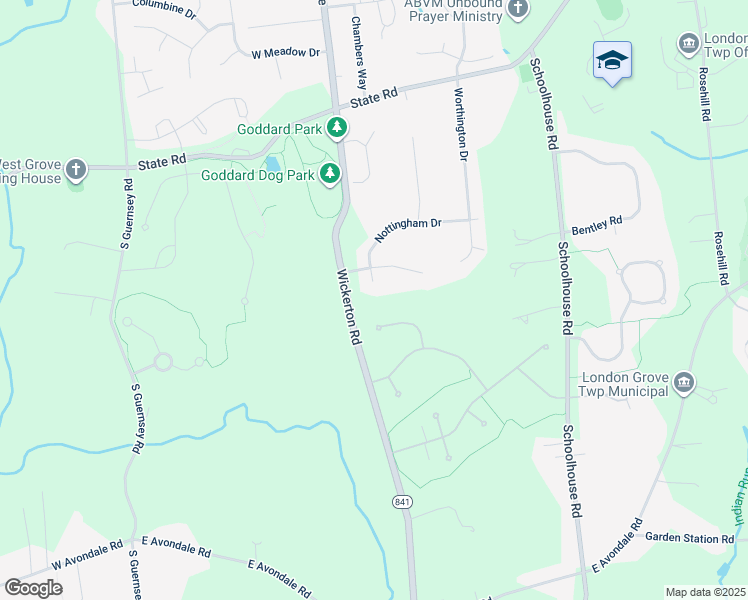 map of restaurants, bars, coffee shops, grocery stores, and more near 5 Nottingham Drive in West Grove