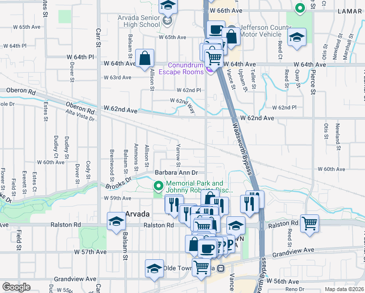map of restaurants, bars, coffee shops, grocery stores, and more near 6021 Yarrow Street in Arvada
