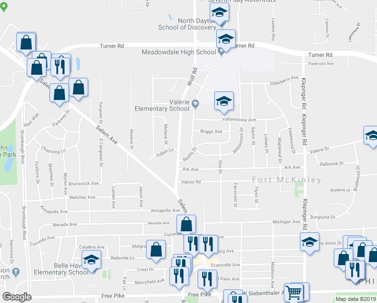 map of restaurants, bars, coffee shops, grocery stores, and more near 4027 Beatty Drive in Dayton