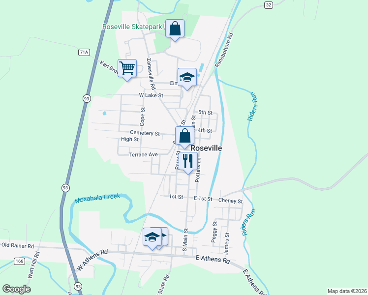 map of restaurants, bars, coffee shops, grocery stores, and more near 146 North Main Street in Roseville