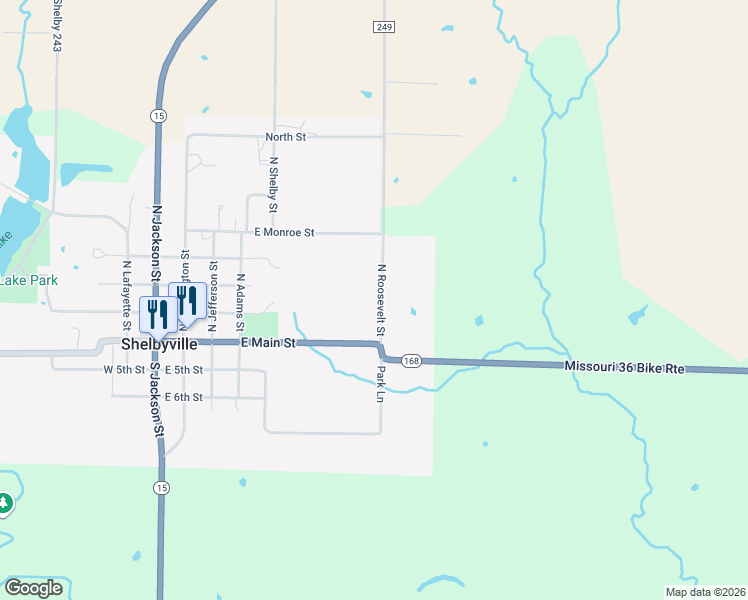 map of restaurants, bars, coffee shops, grocery stores, and more near 100-698 North Roosevelt Street in Shelbyville