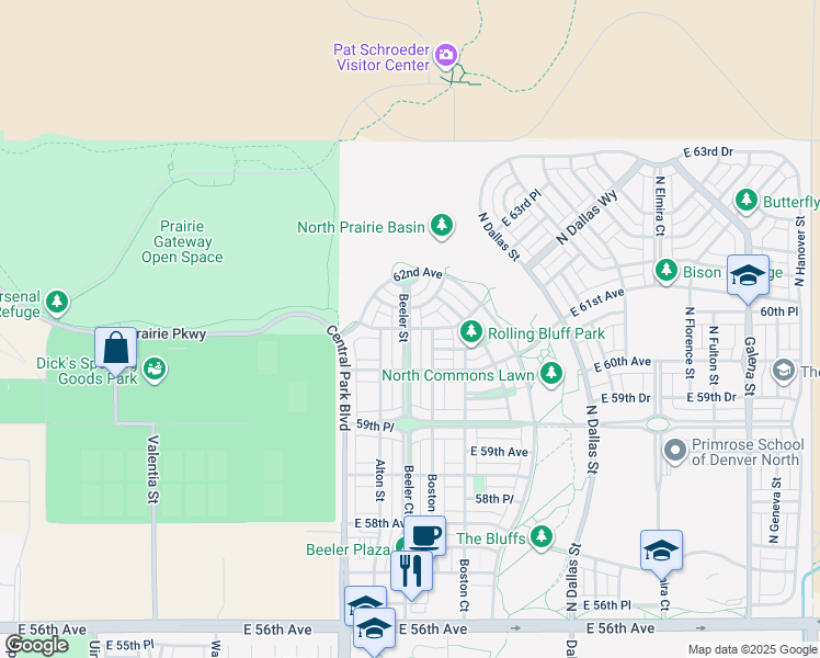 map of restaurants, bars, coffee shops, grocery stores, and more near East 61st Avenue in Denver