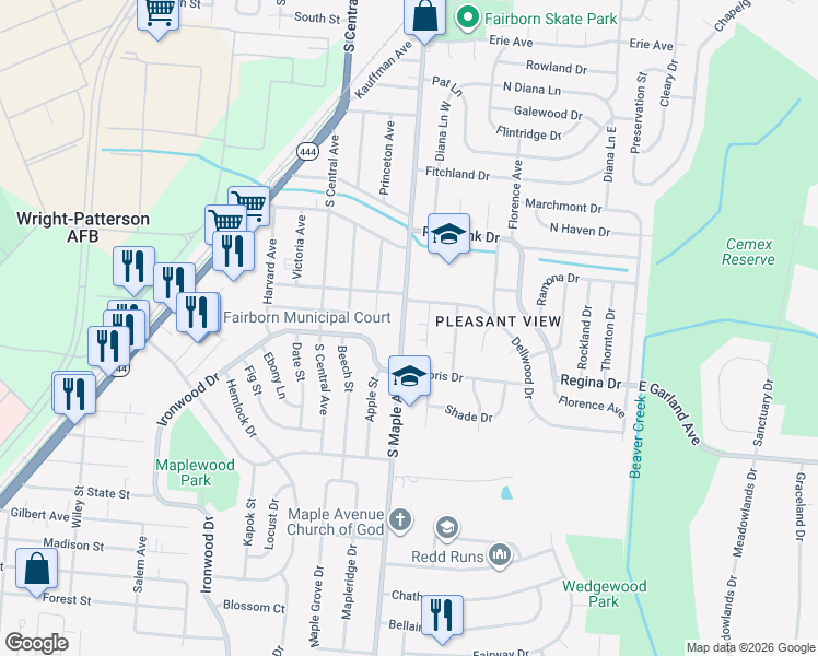 map of restaurants, bars, coffee shops, grocery stores, and more near 1132 South Maple Avenue in Fairborn