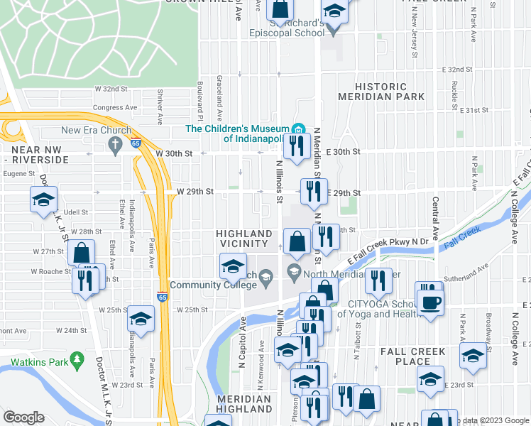 map of restaurants, bars, coffee shops, grocery stores, and more near 2827 North Kenwood Avenue in Indianapolis